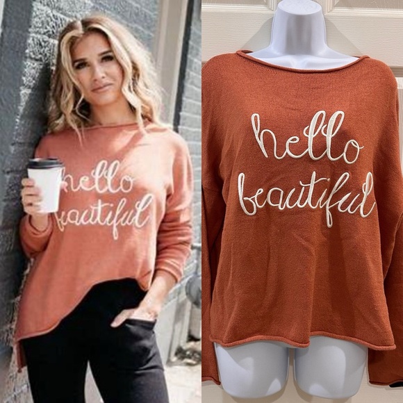 Kittenish “Hello Beautiful” Oversized Rust Orange Sweater small - Picture 1 of 9